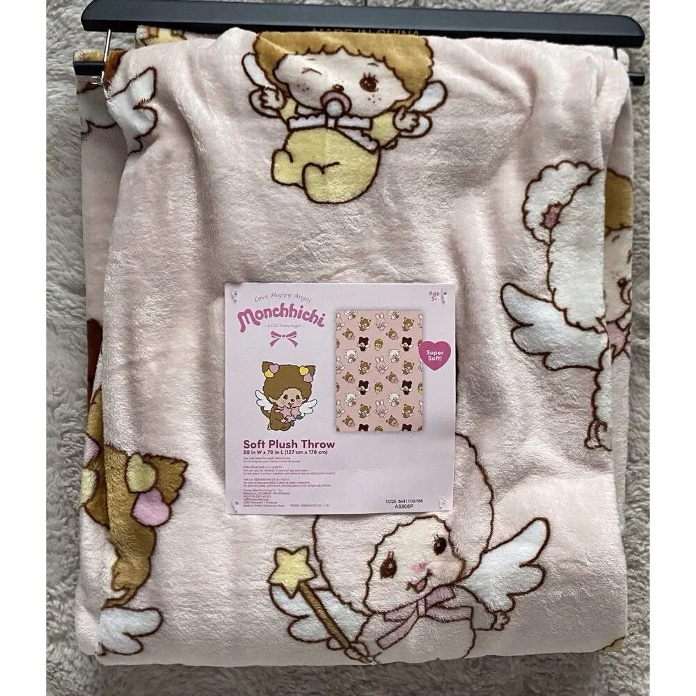 Monchhichi Love Happy Angel Pink Soft‎ Plush Throw Blanket 50”x70” VIRAL NEW